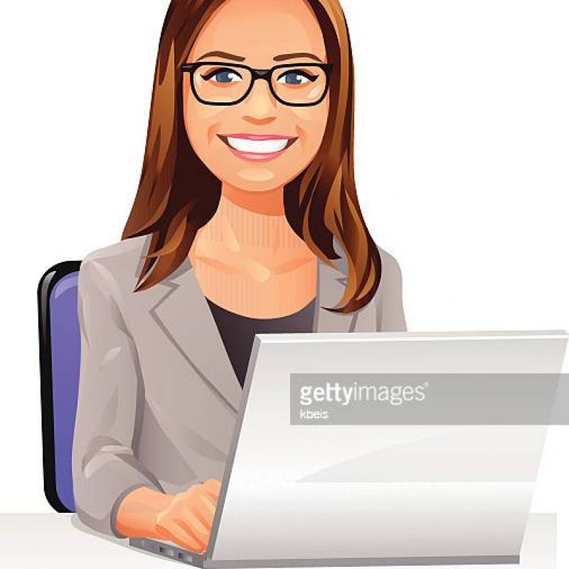 Illustration of a young smiling woman with long hair and glasses using a laptop, isolated on white. EPS 10, fully editable and labeled in layers.