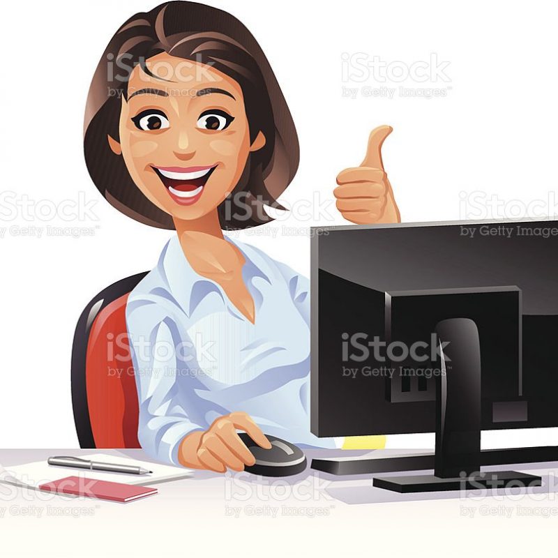 "A young female office worker sitting at her computer gesturing thumbs up, isolated on white. EPS 8, fully editable and labeled in layers."